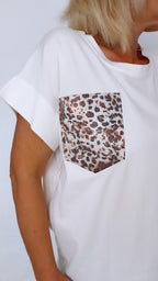 T Shirt blanc LIOR poche léopard 100% Coton