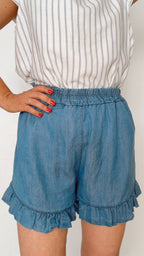 Short à volants CÉLESTE coloris jean brut 100% TENCEL
