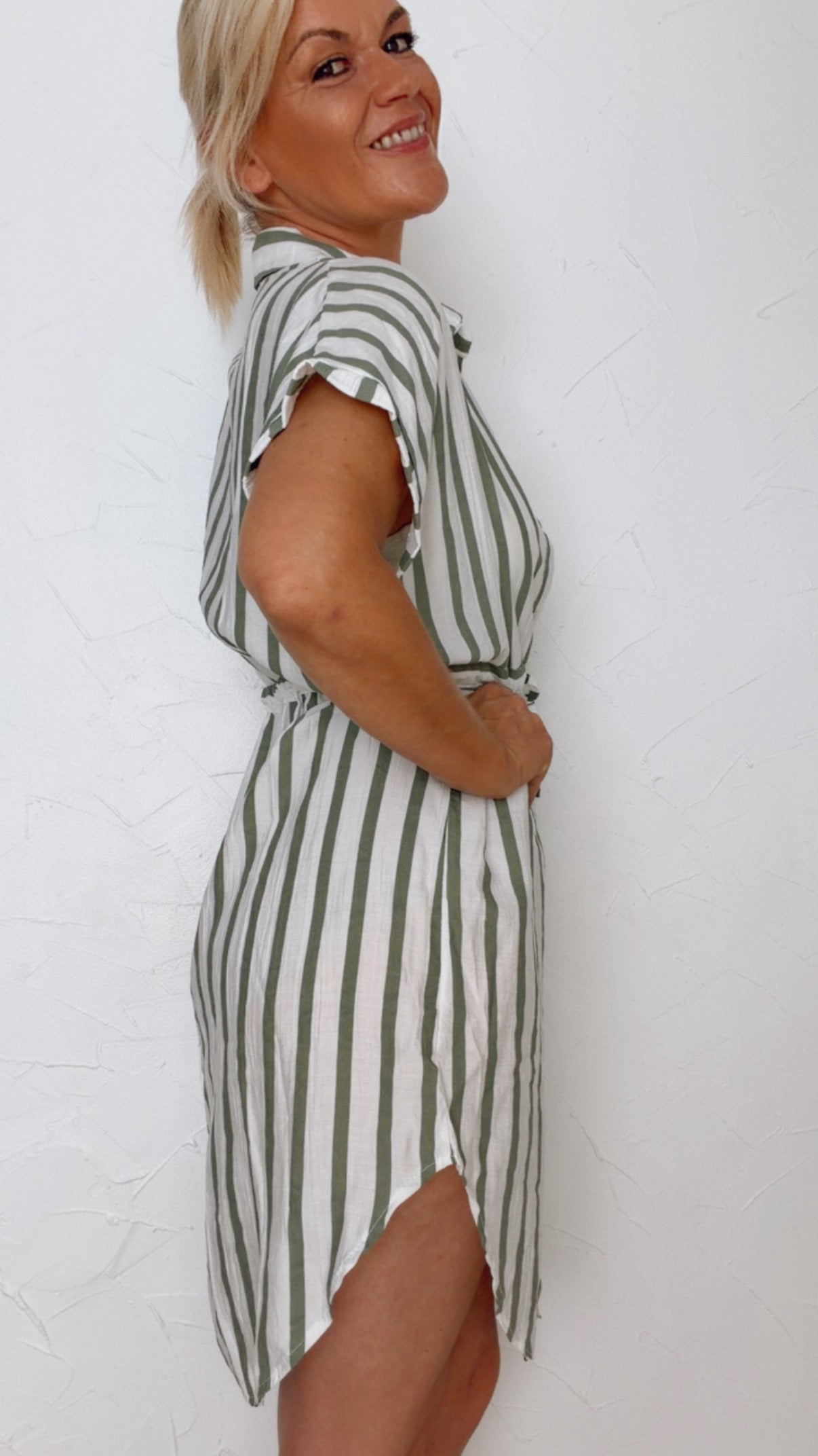 Chemise de plage COLETTE rayée blanc & kaki