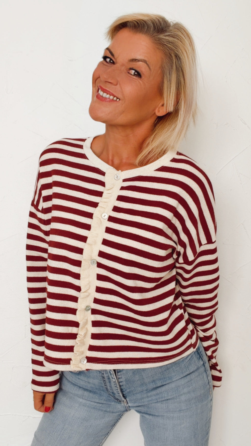 Cardigan FANNY écru & bordeaux 100% Coton