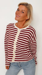 Cardigan FANNY écru & bordeaux 100% Coton