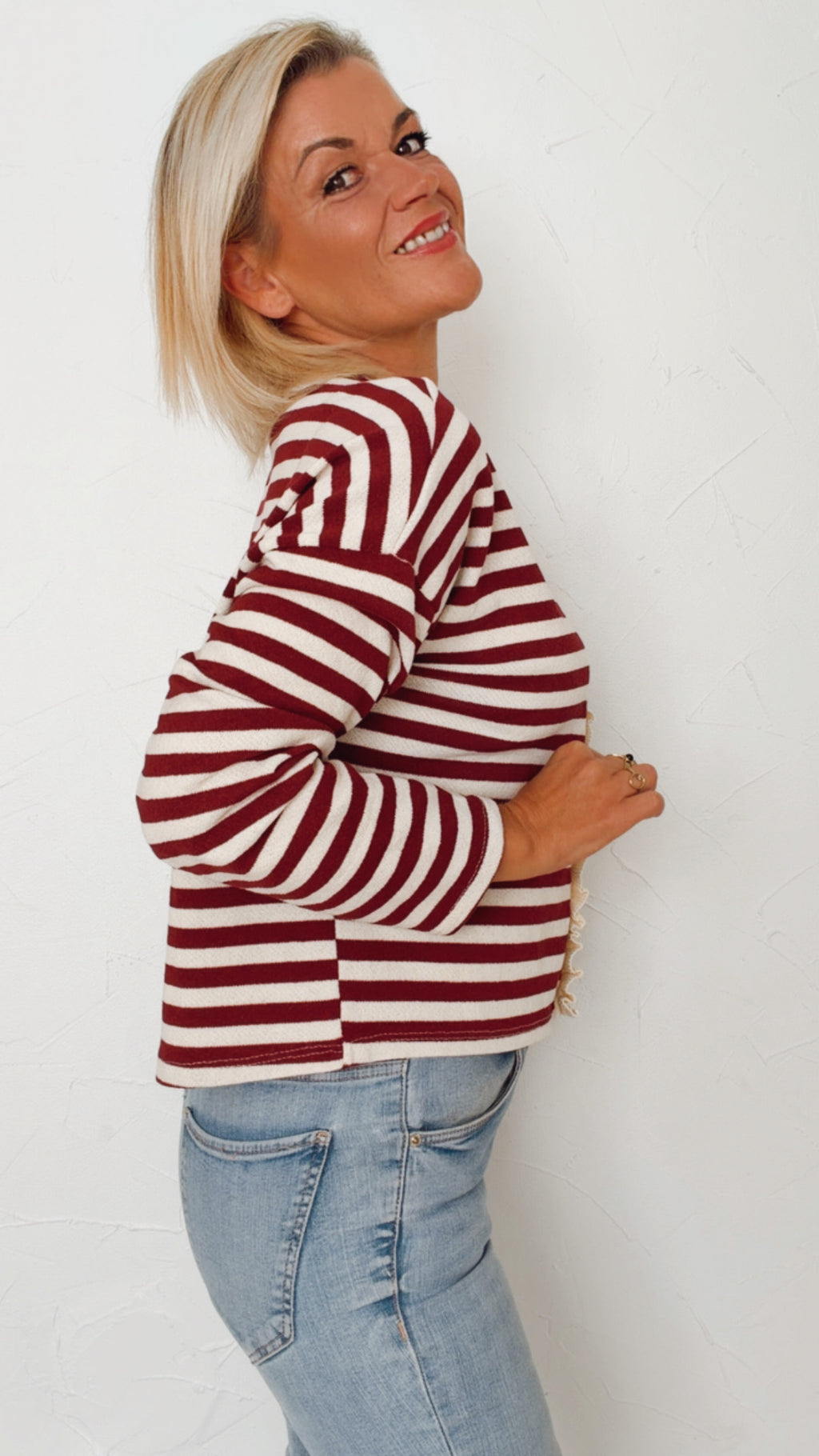 Cardigan FANNY écru & bordeaux 100% Coton