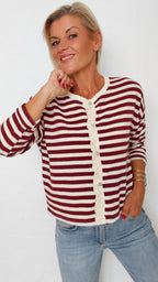 Cardigan FANNY écru & bordeaux 100% Coton