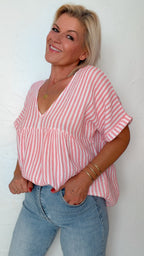 Blouse YSIA rayée blanc & corail 100% Gaze de coton