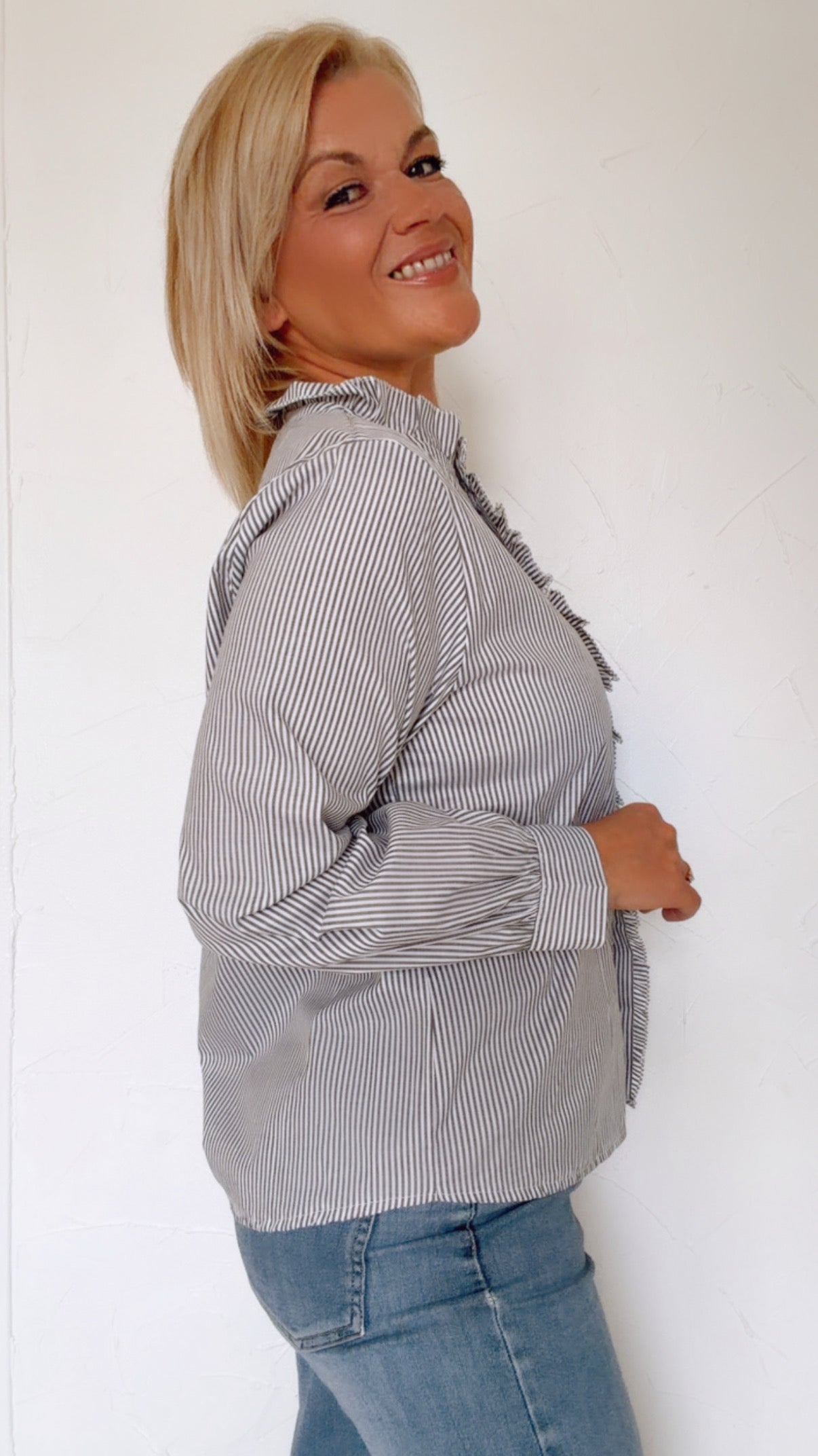 Blouse à volant INÈS rayée kaki & blanc 100% Coton