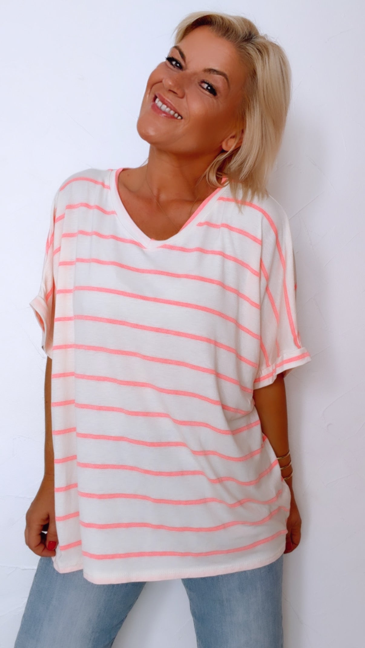 Marinière AURÉLIA blanche et rose fluo