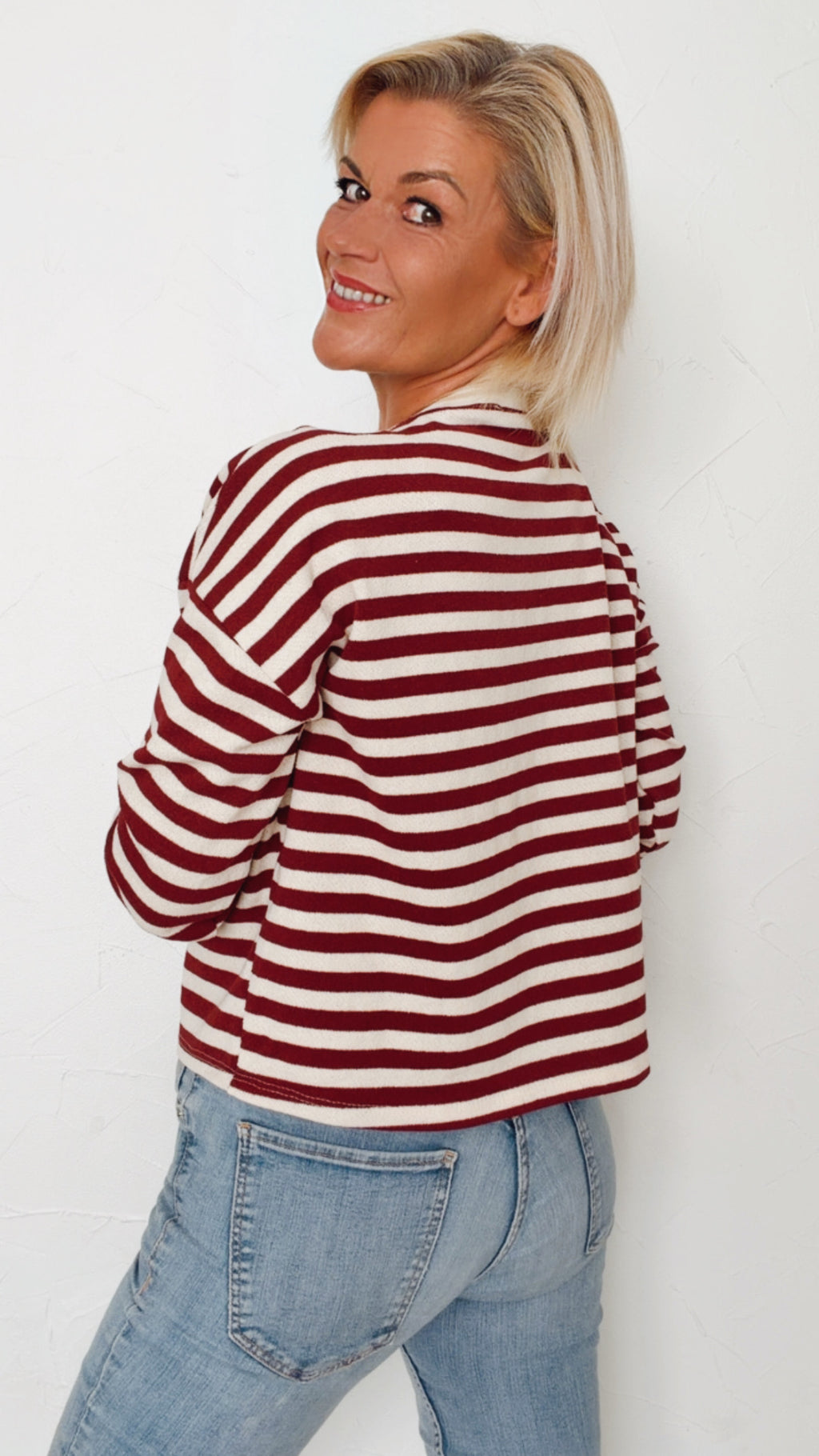 Cardigan FANNY écru & bordeaux 100% Coton