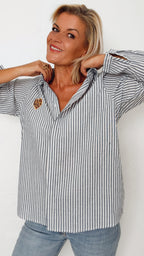 Chemise MICHELLE à rayures 100% Coton & cœur brodé léopard