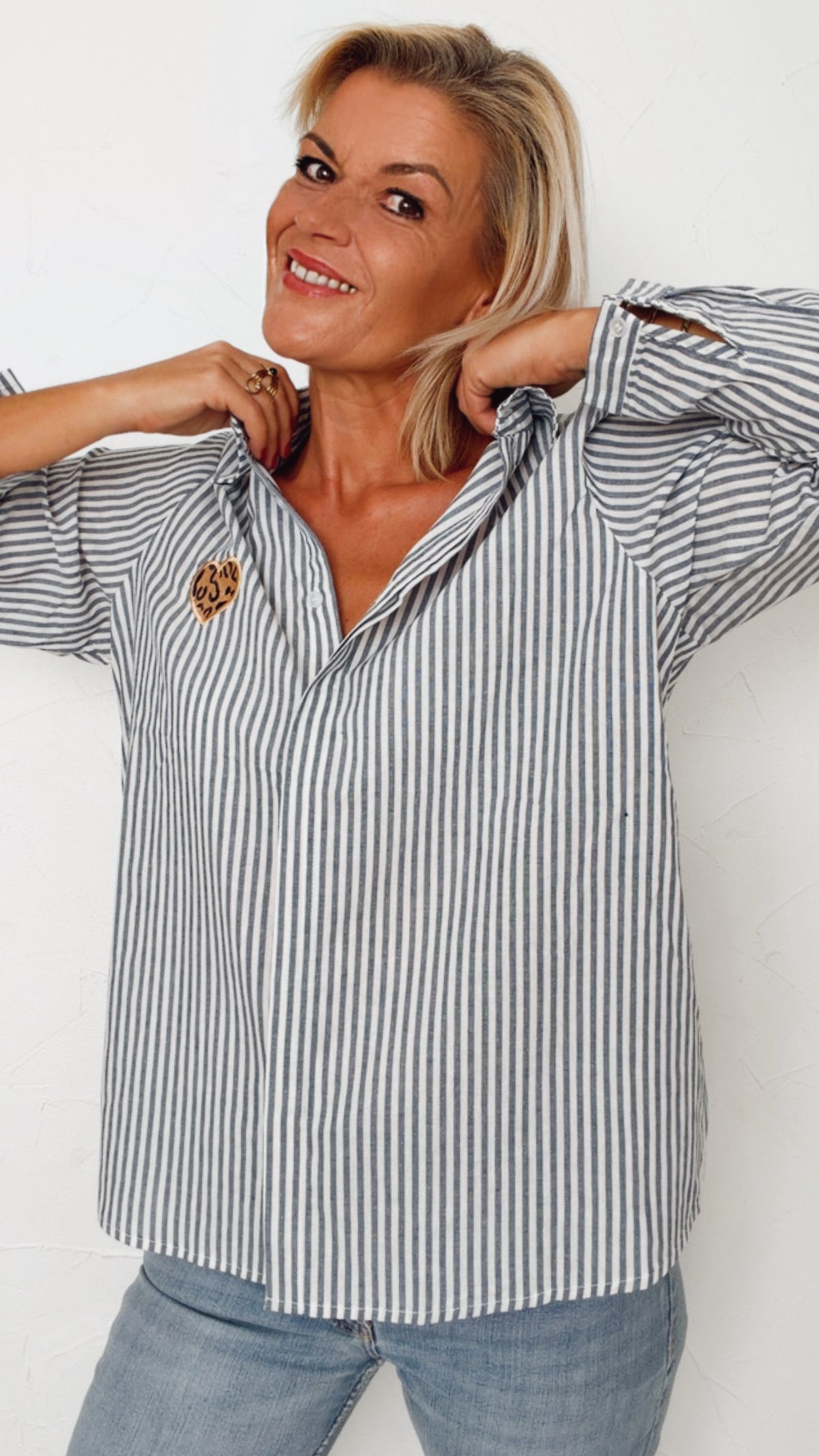 Chemise MICHELLE à rayures 100% Coton & cœur brodé léopard