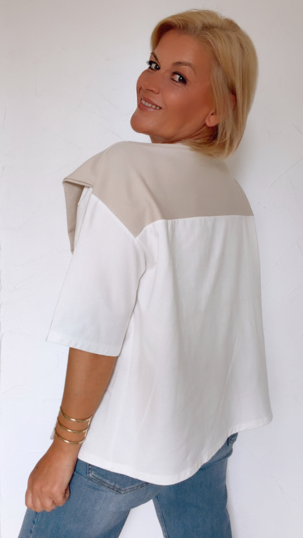 T Shirt LAUREEN blanc & beige 100% Coton