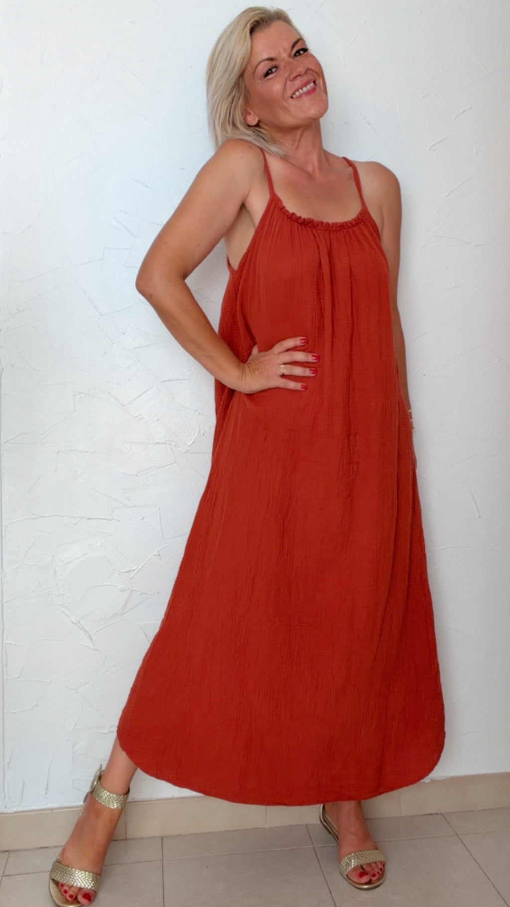 Robe longue BRUNA terre de sienne 100% Gaze de coton