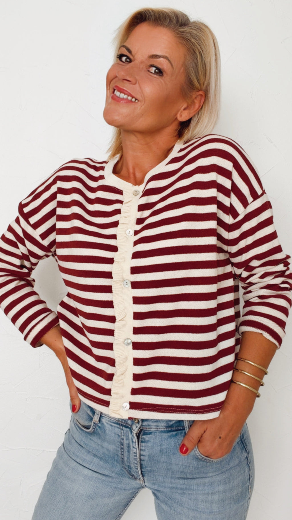 Cardigan FANNY écru & bordeaux 100% Coton