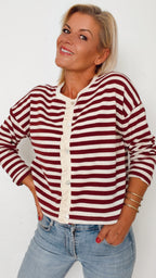 Cardigan FANNY écru & bordeaux 100% Coton