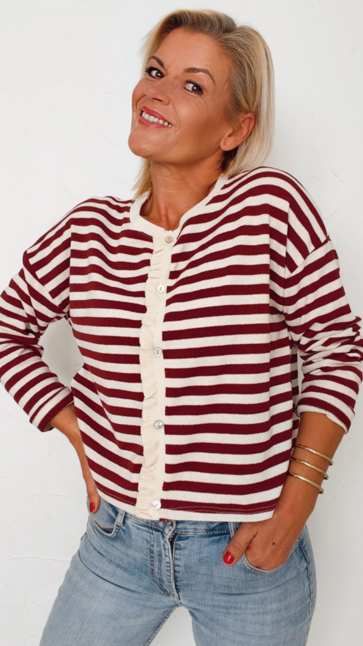 Cardigan FANNY écru & bordeaux 100% Coton