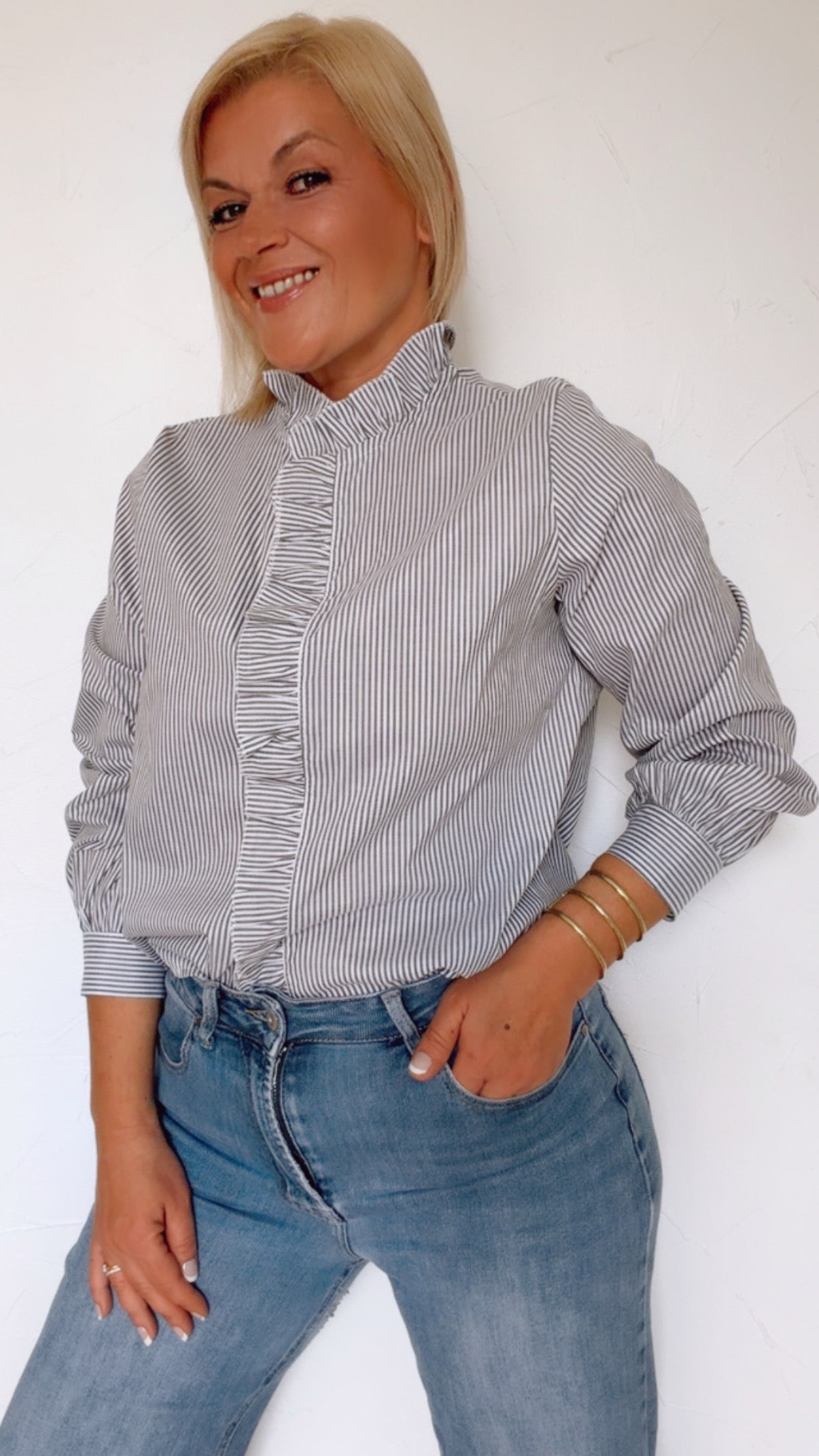 Blouse à volant INÈS rayée kaki & blanc 100% Coton