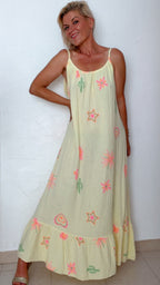 Robe longue LIZ jaune beurre & imprimés fluos 100% Gaze de Coton