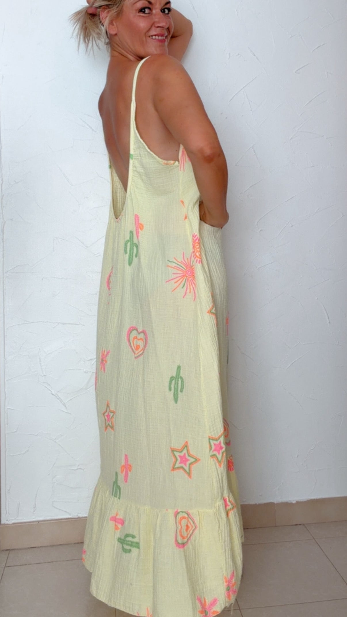 Robe longue LIZ jaune beurre & imprimés fluos 100% Gaze de Coton