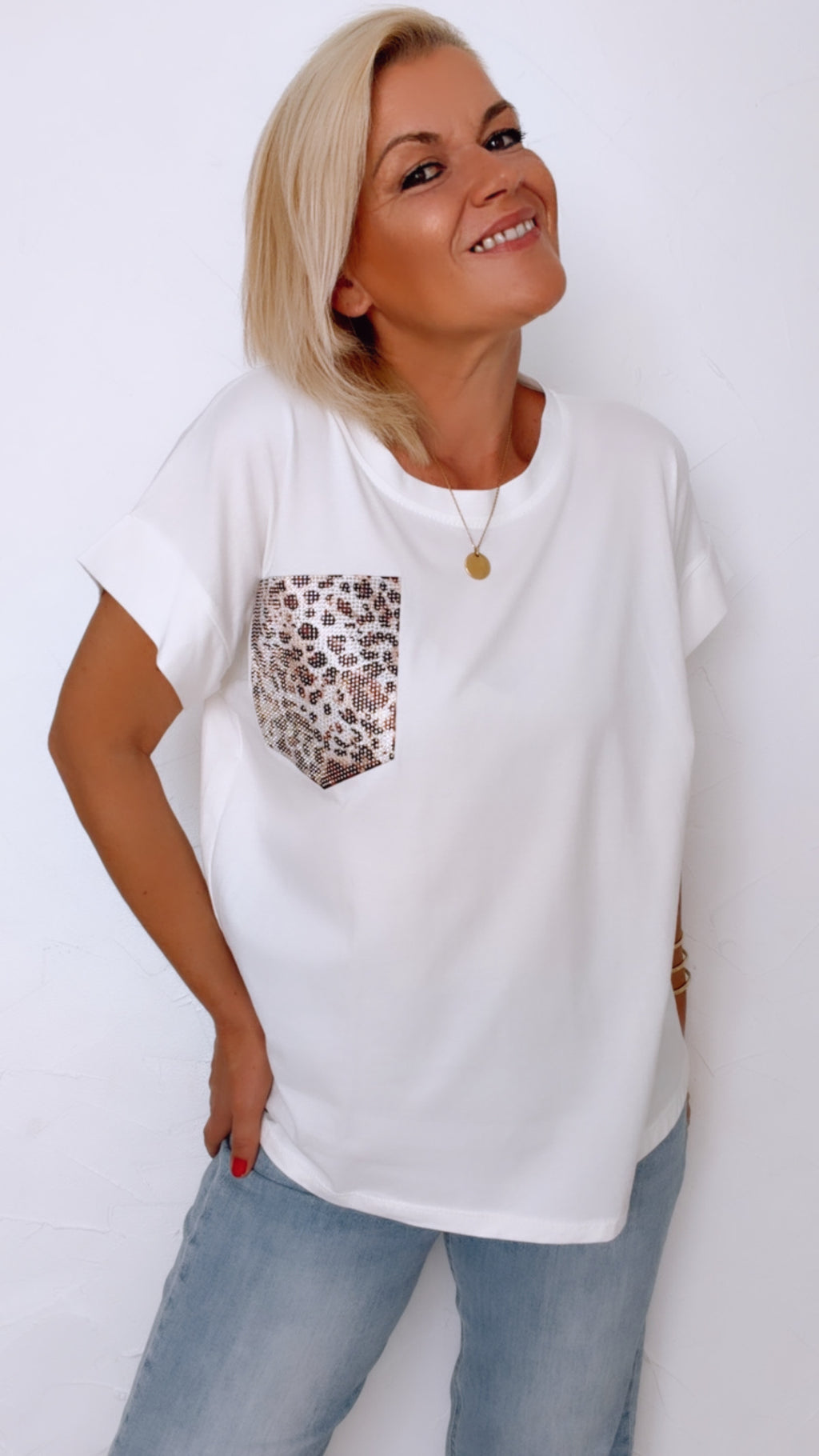 T Shirt blanc LIOR poche léopard 100% Coton