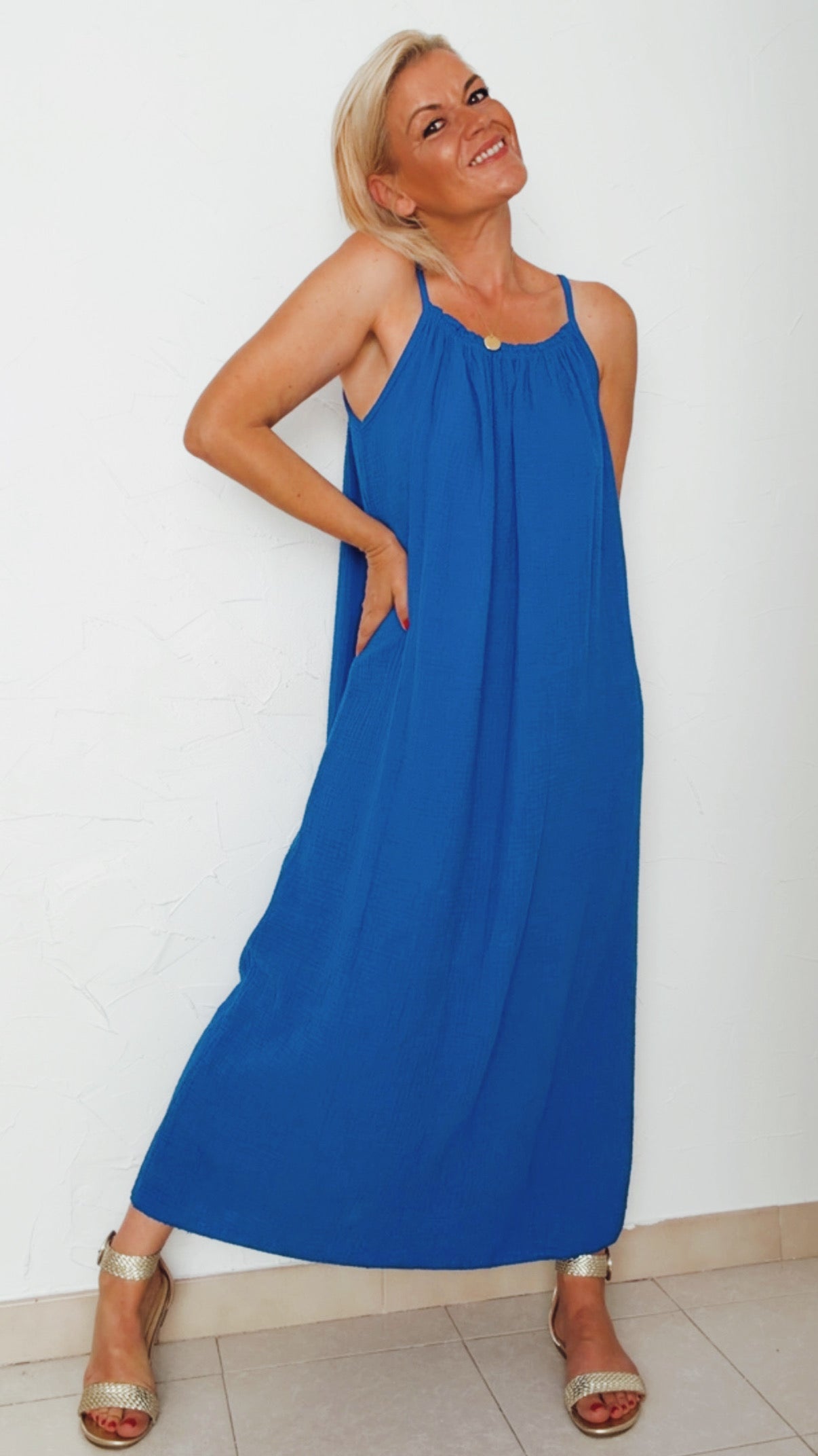 Robe longue GABRIELLE bleue électrique 100% Gaze de coton