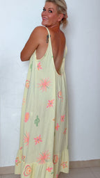 Robe longue LIZ jaune beurre & imprimés fluos 100% Gaze de Coton