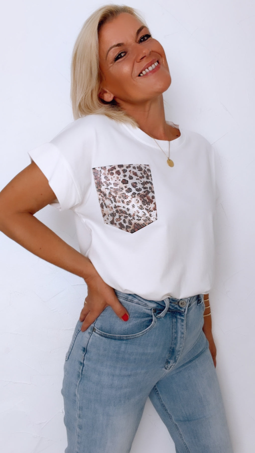 T Shirt blanc LIOR poche léopard 100% Coton