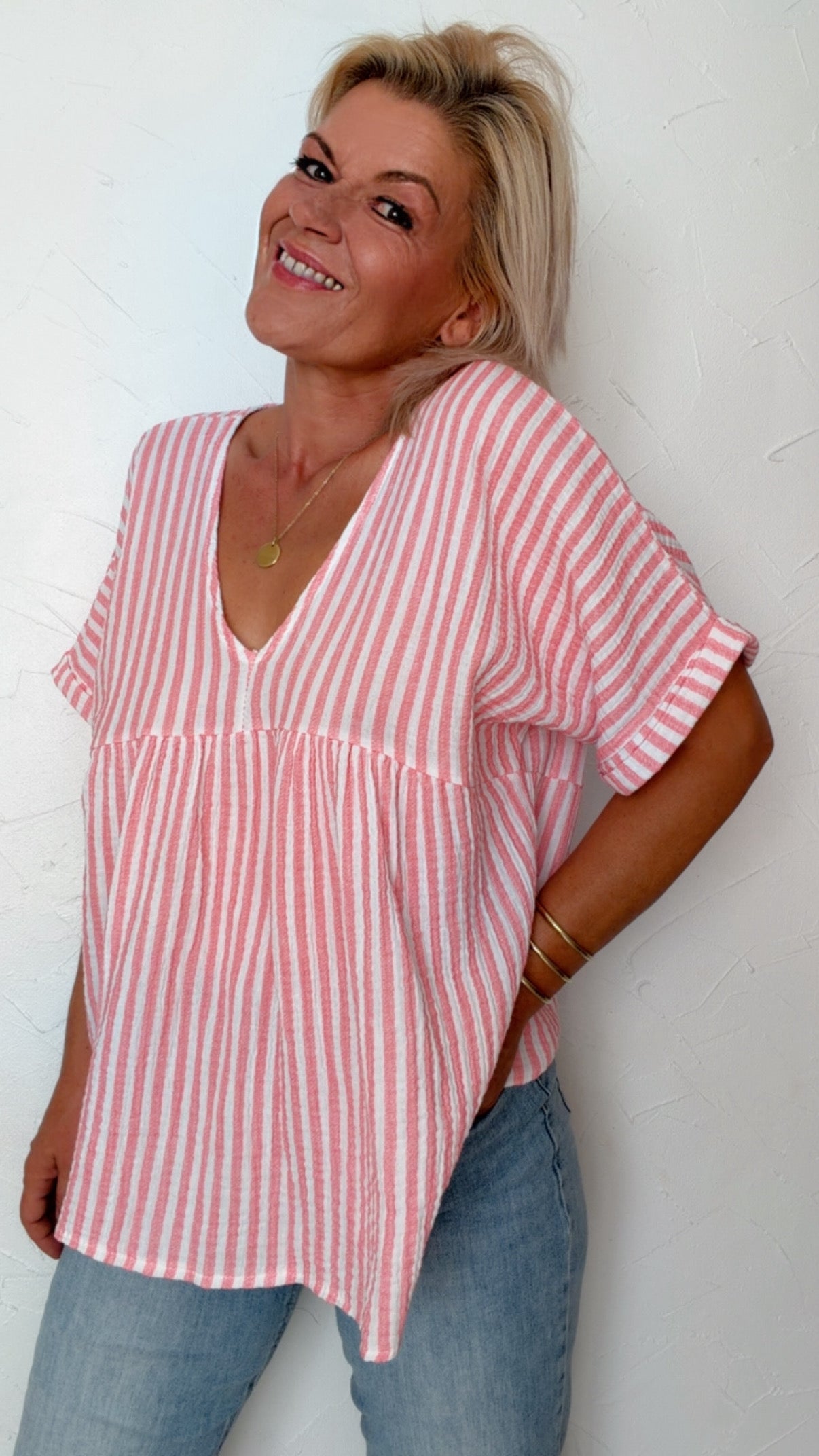 Blouse YSIA rayée blanc & corail 100% Gaze de coton