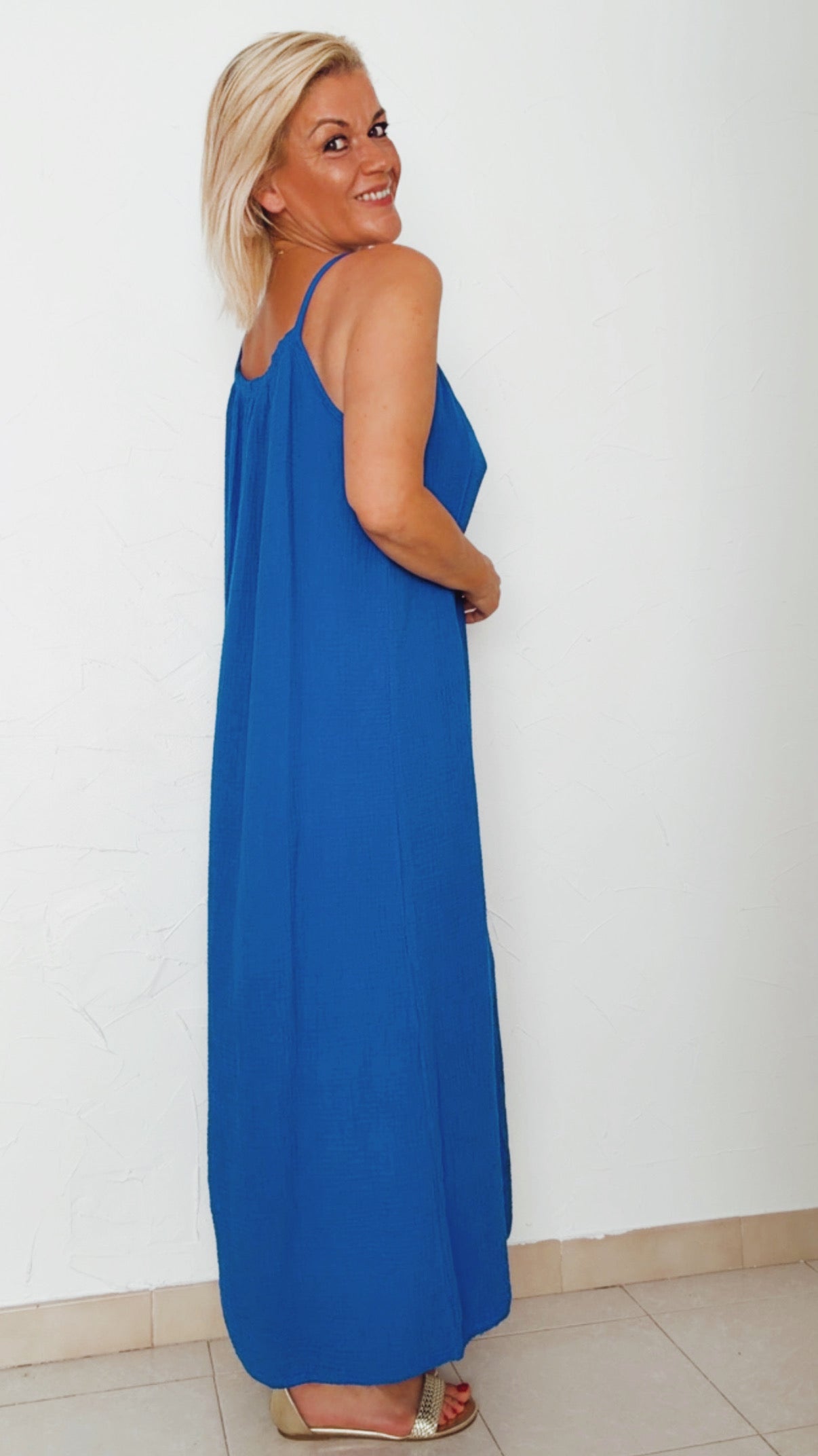 Robe longue GABRIELLE bleue électrique 100% Gaze de coton