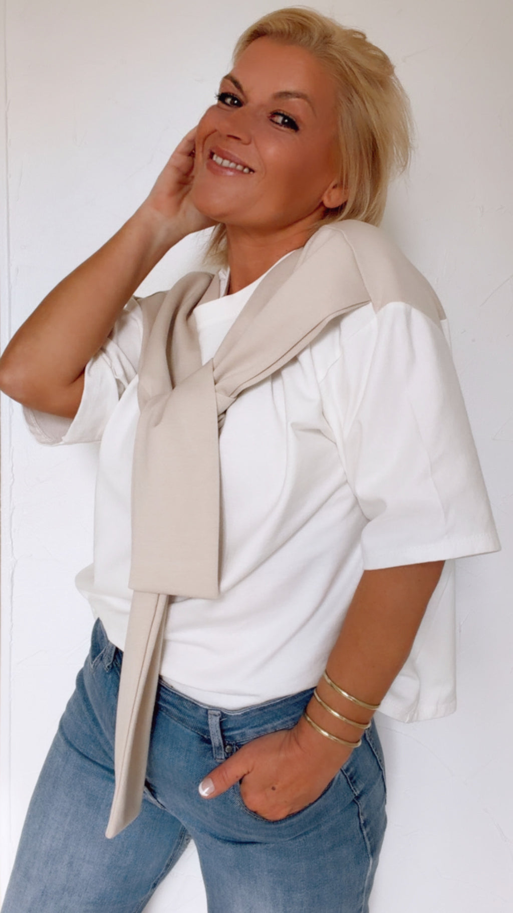 T Shirt LAUREEN blanc & beige 100% Coton