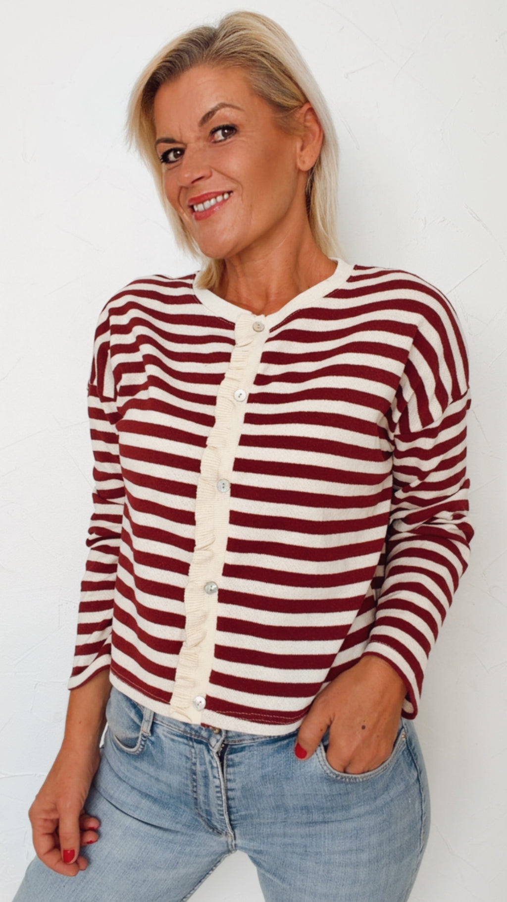 Cardigan FANNY écru & bordeaux 100% Coton