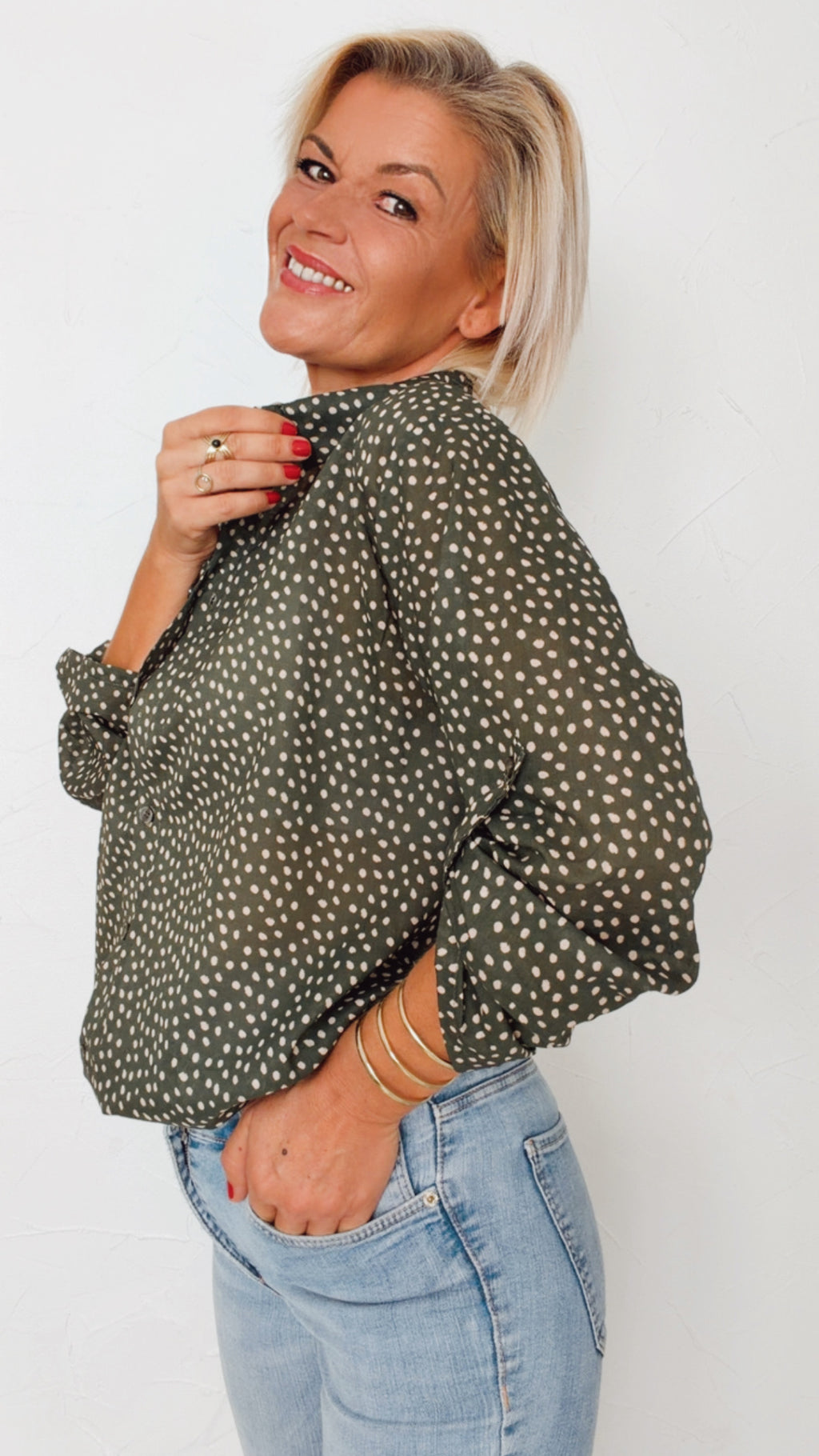 Chemisier LENNY kaki à pois écrus 100% Coton