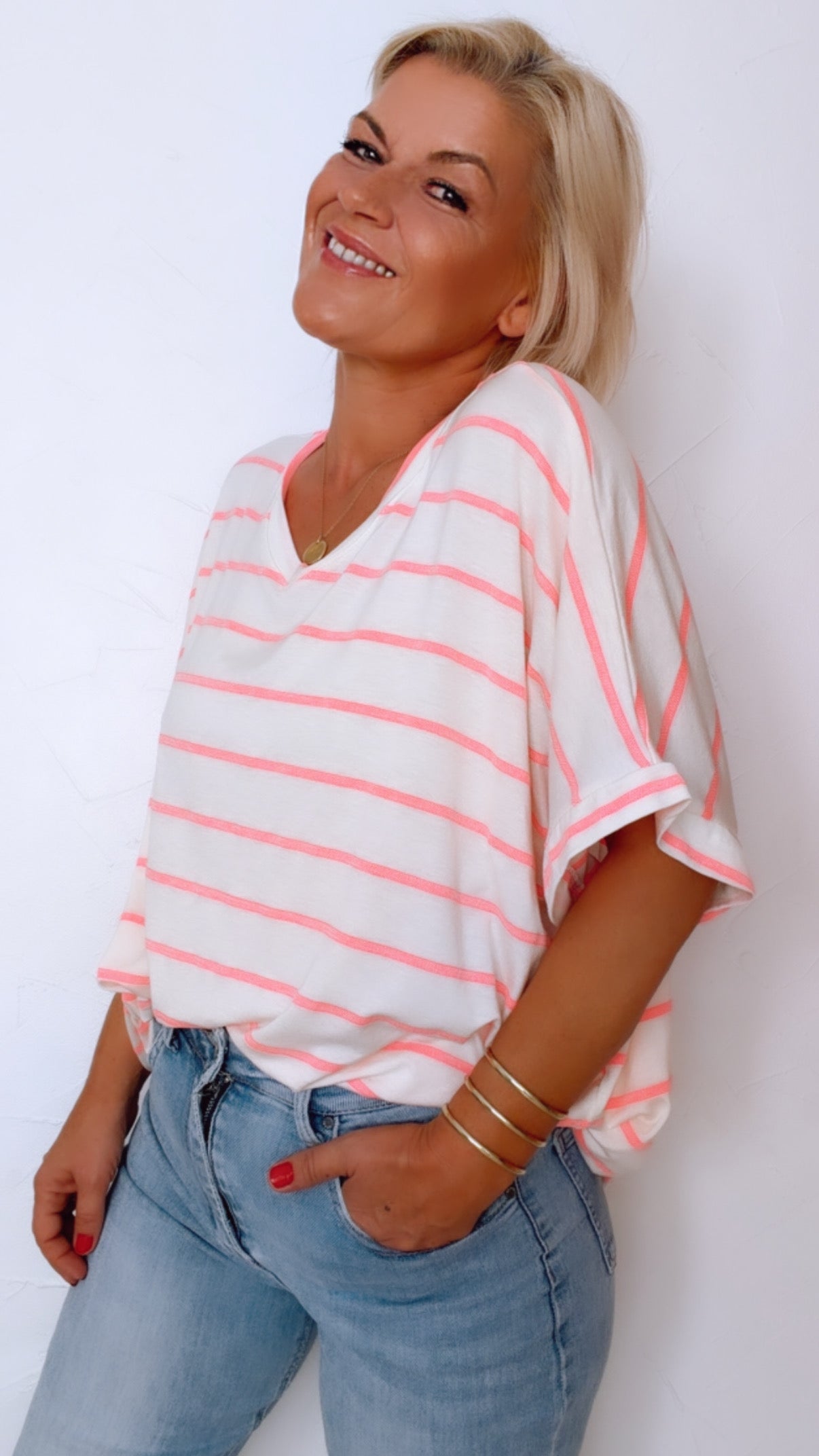 Marinière AURÉLIA blanche et rose fluo