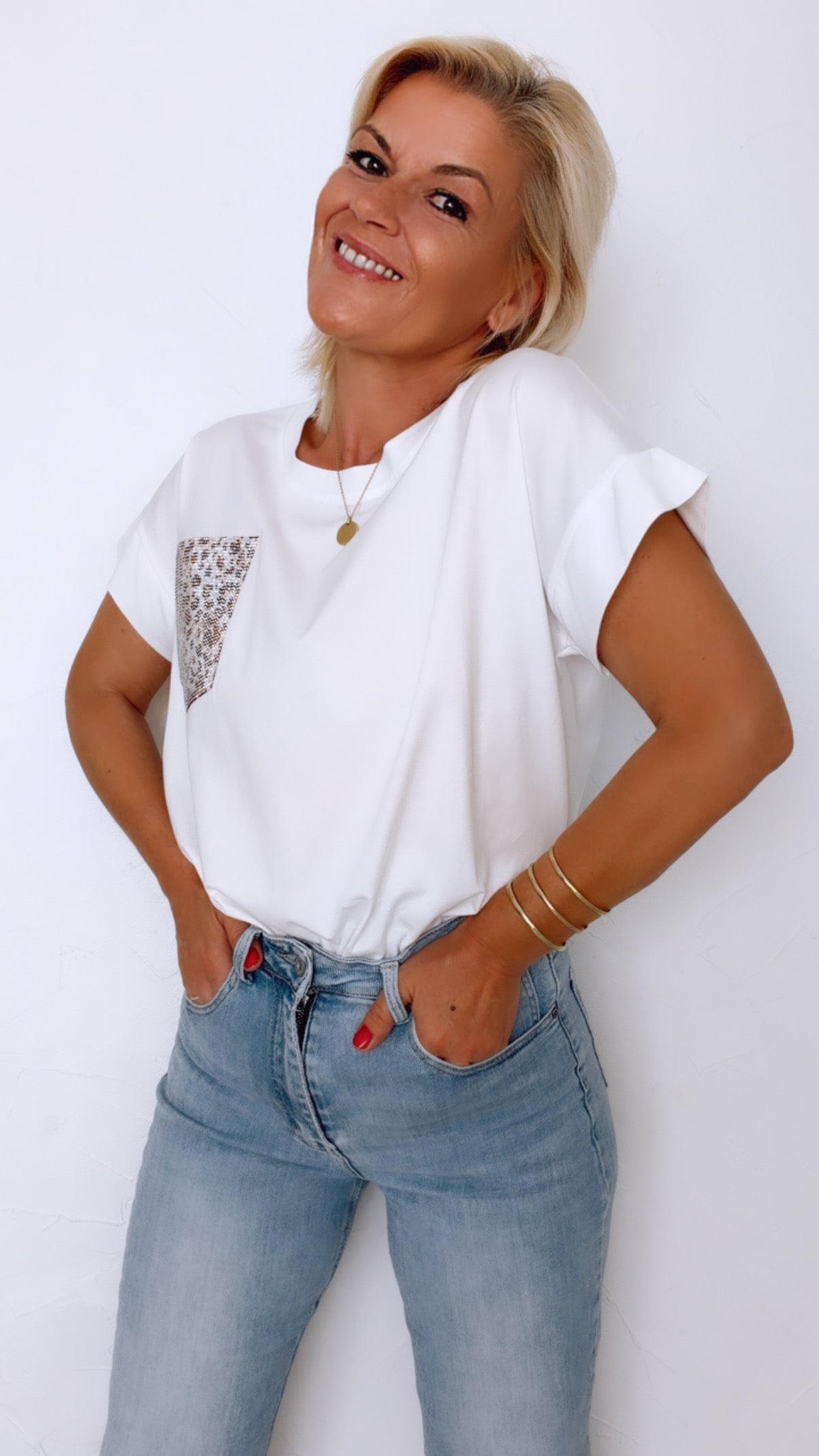 T Shirt blanc LIOR poche léopard 100% Coton