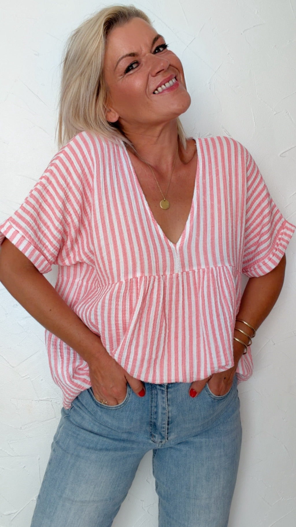 Blouse YSIA rayée blanc & corail 100% Gaze de coton
