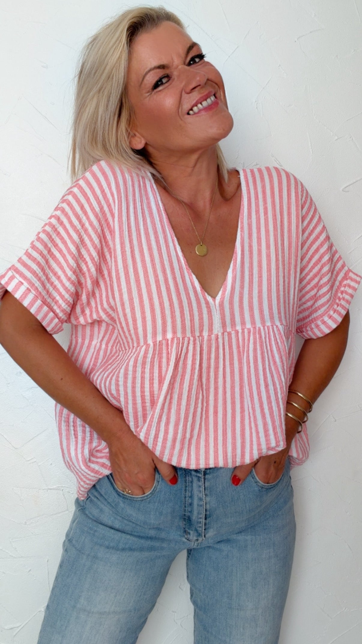 Blouse YSIA rayée blanc & corail 100% Gaze de coton